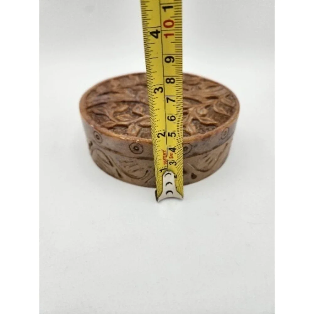 Vintage Carved Soapstone Hinged Round Trinket Jewelry‎ Keepsake Box With Lid